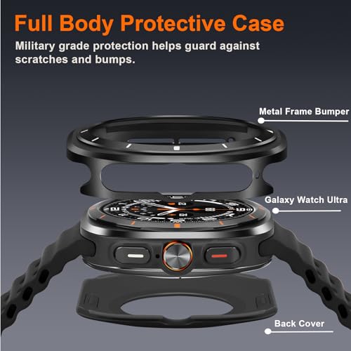 Image of Metal Case Compatible with Samsung Galaxy Watch Ultra /Ultra 2 (2025) 47mm with Back Cover, Rugged Thin Hard Frame Protective Cover for Galaxy Watch 7 /8 Ultra 47mm - Black White