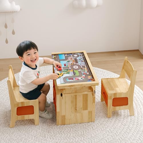 VORIN キッズデスク 机 椅子 セット 無垢材 チェア2点セット おもちゃ収納付き 学習机 幼児 キッズテーブル 子ども椅子 2歳〜 誕生日プレゼント 保育園用 ナチュラル × オレンジ [2]