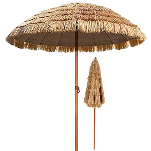 Parasols Parasol para Paraguas de Paja de 2.4m, Parasol de Playa, Paraguas de Patio al Aire Libre, sombrilla de Paja Hawaiana, función de inclinación, Plegable, Altura Ajustable, para terraza, Patio,