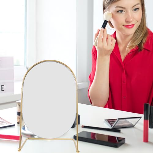 Espejo de maquillaje ovalado con soporte y acabado dorado miniatura 4
