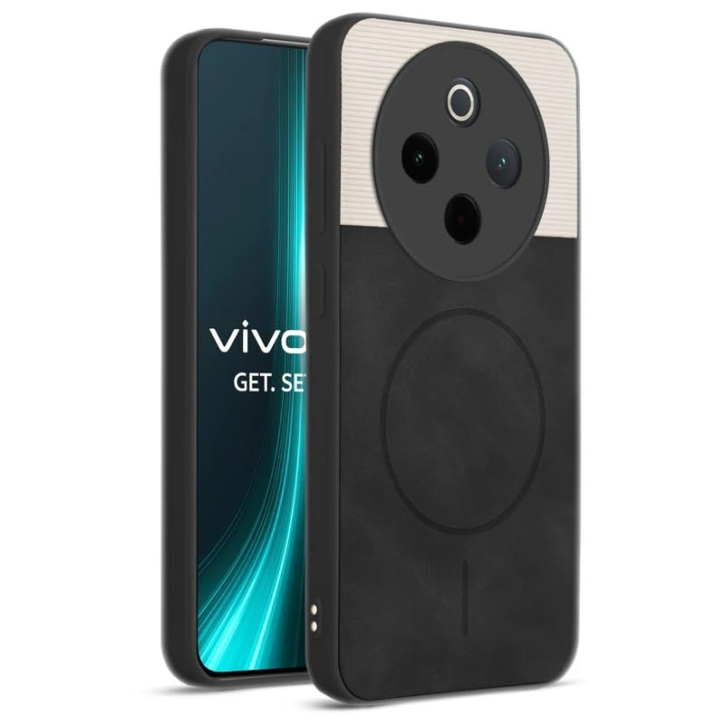 Image of Bintage case Macc-Safe Design Hard Light Weight Back Case | Soft Border Camera Protect | Dual PU Leather Finish Back Cover Compatible for iQOO Z10 5G /Vivo T4 5G - White & Black