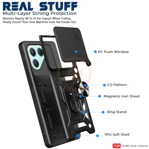 Image of Armor Bumper Back Cover Case for Tecno Pova 7 Pro 5G Rotating Camera Cover, Ring Holder & Kickstand | Heavy Duty & 360 Degree Protection Tecno Pova 7 Pro 5G Back Cover (Black)