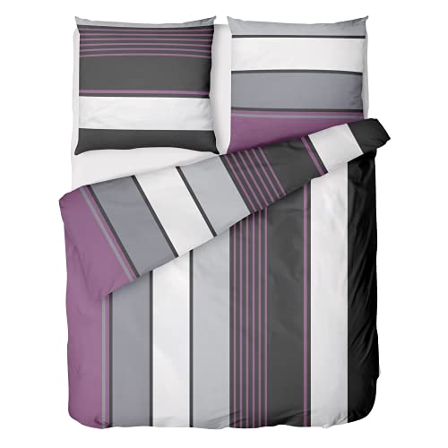 LINKHOFF Biber Bettwäsche 135x200 Lila Grau | 100% Baumwolle für Winter | 1x Bettbezug + 1x Kissenbezug 80x80