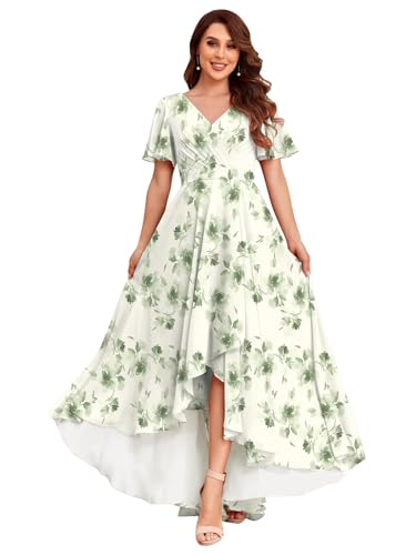 Image of LANGKAAO Women's V Neck Bridesmaid Dresses with Sleeves for Wedding Chiffon A-Line Pleated High Low Formal Gown with Pockets