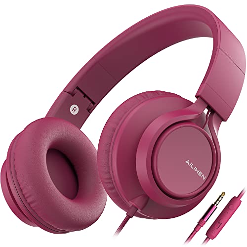 AILIHEN C8 (Upgraded) Headphones with Microphone and Volume Control Folding Lightweight Headset for Cellphones Tablets Smartphones Chromebook Laptop Computer PC Mp3/4 (Rose)