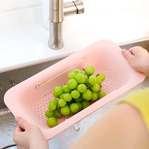BLUE GINKGO Over The Sink Colander Strainer Basket - Wash Vegetables and Fruits, Drain Cooked Pasta - Extendable - Kitchen Essentials (20 W x 37~49 L x 7 H) cm - Pink