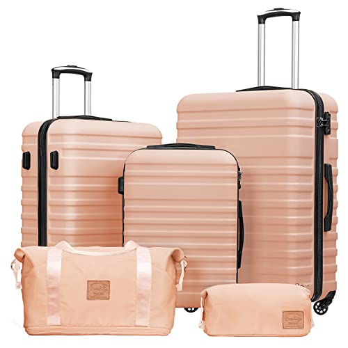 Coolife Suitcase Set 3 Piece Luggage Set Carry On Hardside Luggage with TSA Lock Spinner Wheels (Pink, 5 piece set) Pink 5 piece set