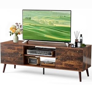 DUMOS TV Stand for 55 60 inch TV, Entertainment Center with Storage Cabinet, Mid Century Modern Media Console Table, Adjustable Hinge, Wooden Television Furniture for Living Room, Office – Brown