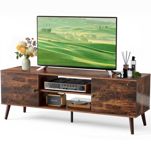 DUMOS TV Stand for 55 60 inch TV, Entertainment Center with Storage Cabinet, Mid Century Modern Media Console Table, Adjustable Hinge, Wooden Television Furniture for Living Room, Office – Brown