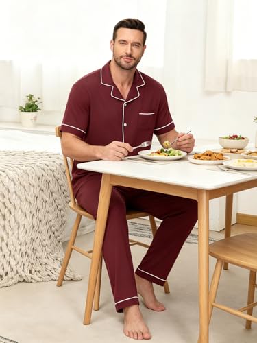 Image of Men's Short Sleeve Pajama Set, Soft Cotton Button Down Sleepwear Top & Long Pants, Loungewear PJs with Pockets S-XXXL