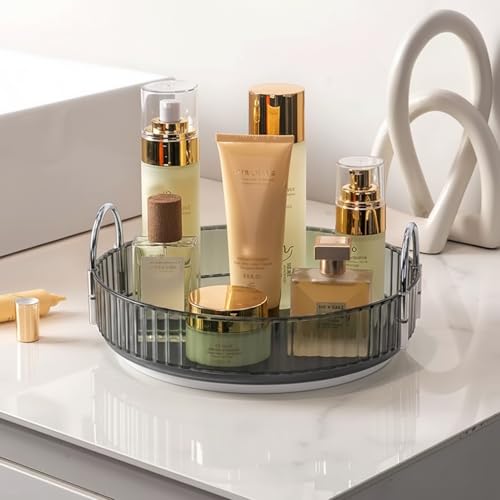 Image of JD FRESH 360 Degree Rotating Makeup Organizer 1 Layer Cosmetic Storage Box Vanity Stand with Drawers for Lipsticks Skincare Perfume Bathroom Countertop Dressing Table Organizer (Light Grey)