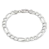 925 Italian Sterling Silver 7.5mm Solid Figaro Diamond Cut Bracelet, ITProLux Pave Link Chain, Giorg