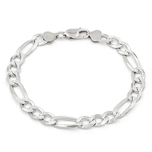 925 Italian Sterling Silver 7.5Mm Solid Figaro Diamond Cut Bracelet, Itprolux Pave Link Chain, Giorgio Bergamo (8.5) #TOP19