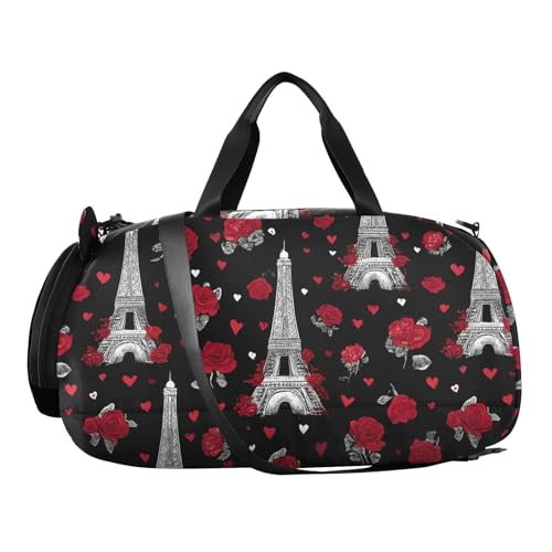 Duffle Bag for Boys or Girls with Shoes Compartment, Eiffel Tower Rose Sports Travel Bag Overnight2