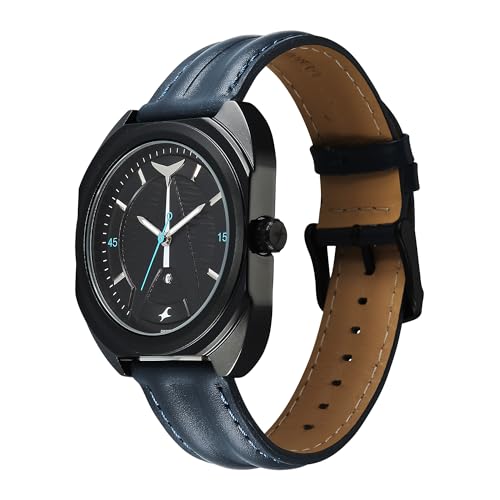 Image of Fastrack Analog Men Black Blue Oceanyx Quartz Shaped Dial Watch,Leather Material,Band-3326NL01