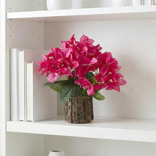 Image of Dekorly Artificial Bougainvillea Flower with Real Wooden Vase (28CM Overall Height) | Decorative Lifelike Faux Floral Plant in Rustic Tree Log Pot for Living Room(Bougainvillea)