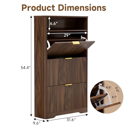 Image of Rovibek Shoe Cabinet Storage for Entryway, Narrow Shoe Rack with 3 Flip Drawers, Wood Fluted Shoe Cabinet Mid-Century & Rounded Corner Design, Hidden Shoe Storage for Entryway, Walnut