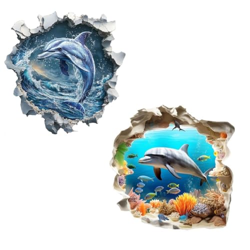 COVPAW Lot de 2 stickers muraux 3D motif dauphin, motif océan et monde sous-marin, 29,1 x 29,3 cm, pour chambre d'enfant, salon, cuisine, etc. (2 dophins)