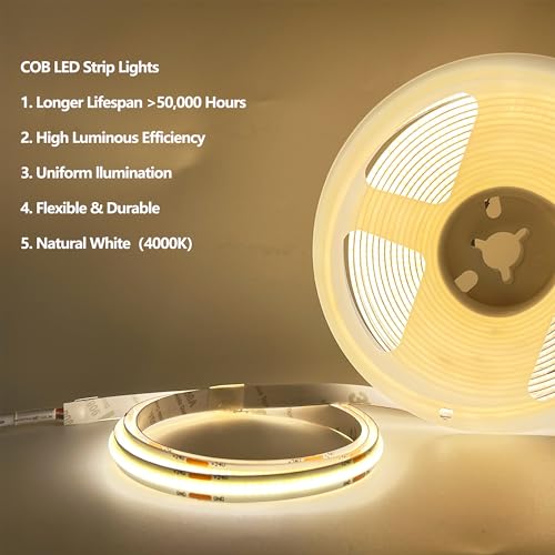 Image of 24V COB LED Strip Light Natural White 4000K IP20 Uniform Light Emitting 480LEDs /M 16.4FT /5M CRI90 Flexible Can be Cropped LED Light Strip Cabinet Home DIY Lighting (Natural White 4000K)
