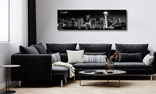 Image of Seattle City Skyline Wall Art Black and White Canvas Prints Panorama Cityscape Picture Night View Painting Poster Modern Artwork Home Decor for Office Living Room - Ready to Hang 13.8 inch x 47.3 inch