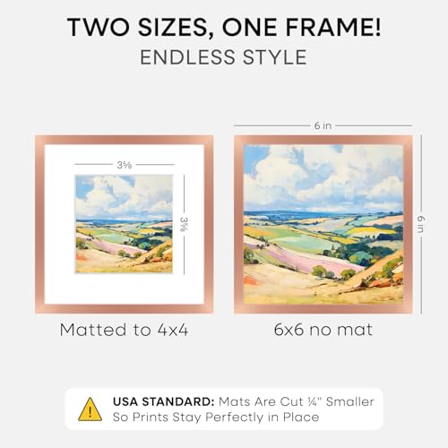 Image of Homeforia 6x6 Rose Picture Frame, High-End Metal, 4x4 Mat, Glass | High End Aluminum, Tempered Glass, Acid-Free 4x4 Removable Mat, 6x6 in Edge-to-Edge Display 6x6, Wall Kit, Set Of 1