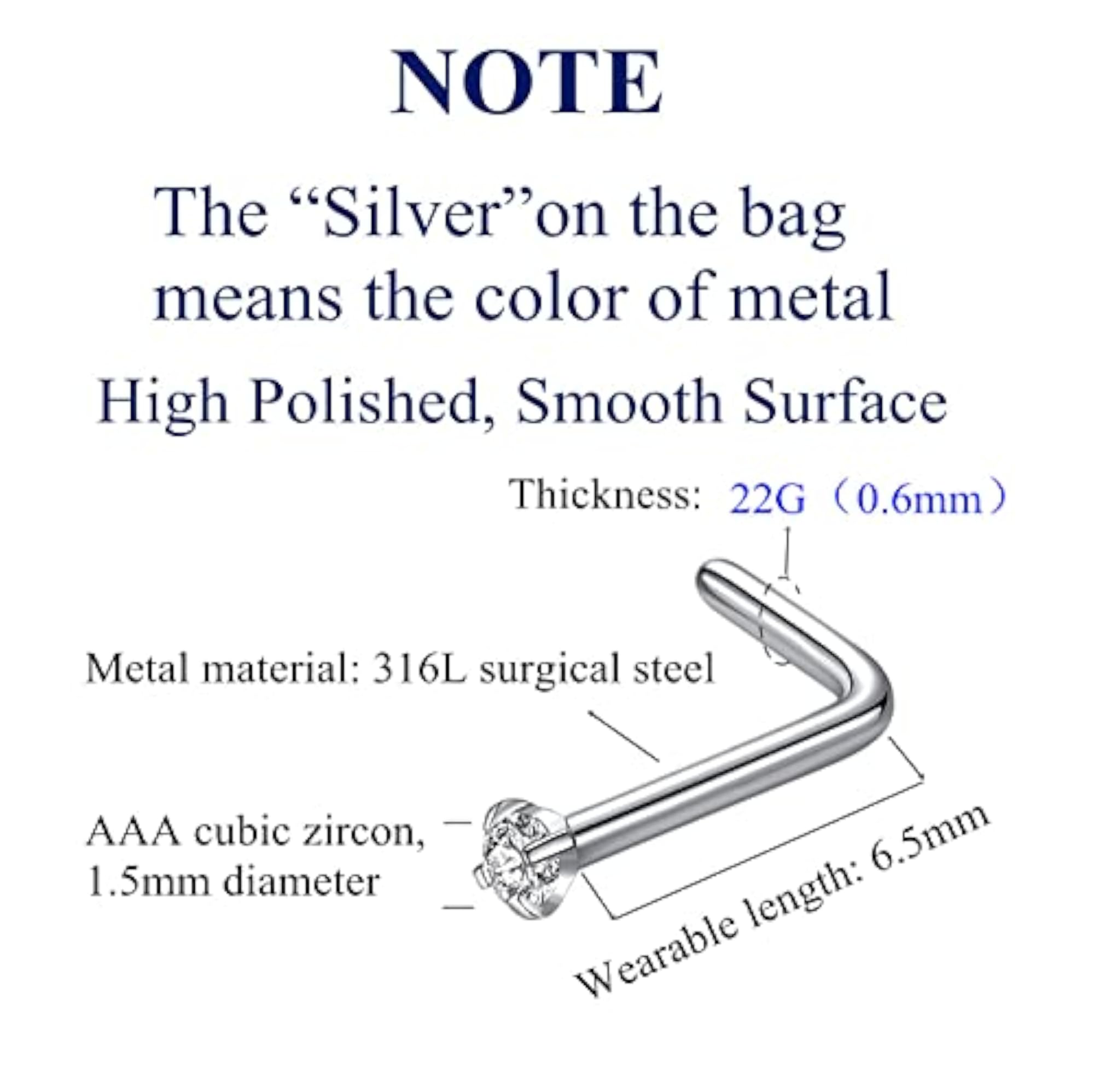 316L Surgical Steel Nose Ring Set, Cubic Zirconia
