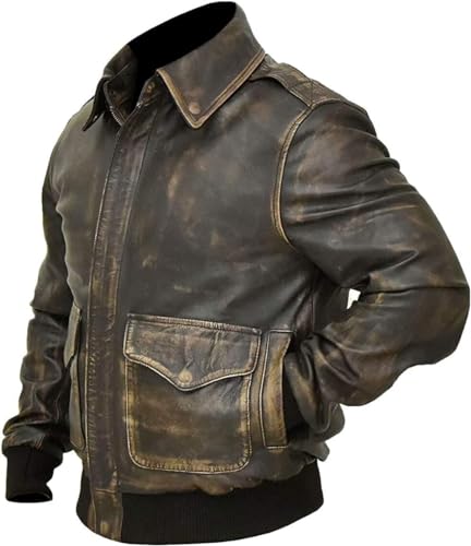 Image of Mens A2 Aviator Cockpit Bomber Leather Jacket - Distressed Pilot Jackets - G1 Fur Collar Flight Leather Jacket
