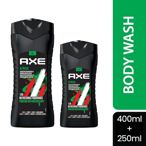 Image of AXE Africa 3-in-1 Body, Face & Hair Wash | Vibrant Mandarin & Sandalwood Scent | 12H Refreshing Fragrance | Combo of 2| 400ml +250ml