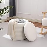 Dolift Teddy Sherpa Round Ottoman with Storage, Modern Upholstered Vanity Stool Foot Rest, Small White Boucle Storage Ottoman for Bedroom, Living Room, Entryway, Dorm