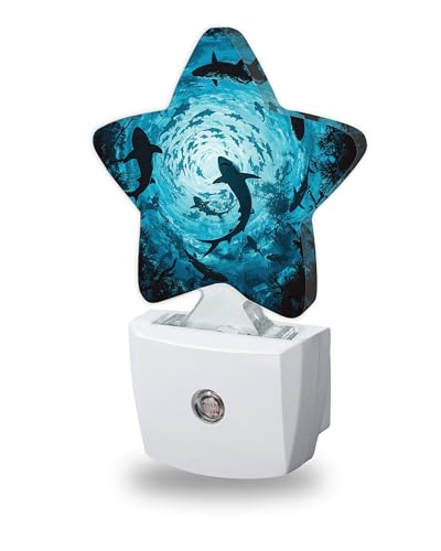 Image of Sharks Swimming Decorative Nightlight Plug in Wall,Deep Blue Sea Star Shaped Night Light with Built in Sensor for Home Decor,Kitchen Hallway Stairs Desk Lamp