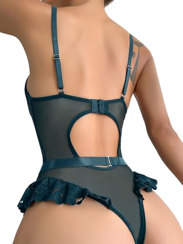 Image of Lilosy Sexy Stocking Lace Mesh Bodysuit Top Underwire Garter Lingerie Set 3 Piece