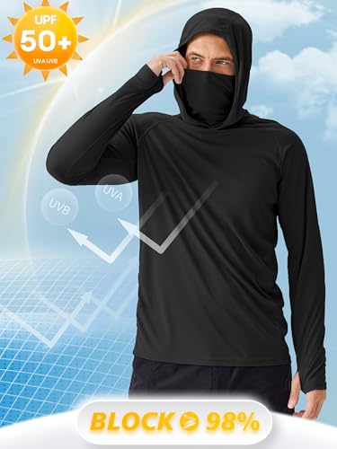 Image of PINSPARK Men's Sun Protection Hoodie with Mask UPF 50+ UV Long Sleeve Shirt Men Rash Guard Performance Fishing Hiking Shirt