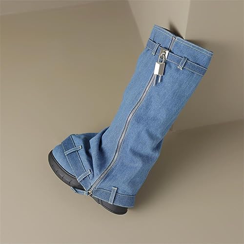 keleimusi Denim Lock Biker Boots Fold Over Knee High Jeans Boot for Women3