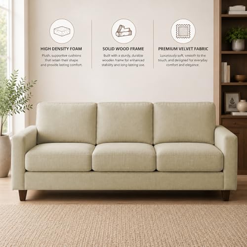 Image of Casaliving Gladino Modern Velvet Fabric Sofa, Tufted Design Upholstered 3 Seater Sofa Set for Living Room, Premium Velvet Fabric Sofa (Cream)