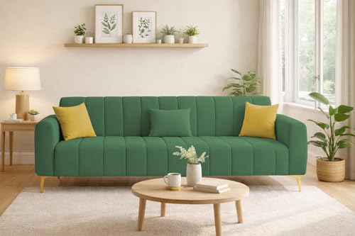 Image of Casaliving Velour Modern Velvet Sofa, Tufted Design Upholstered 3 Seater Sofa Set for Living Room, (Green Colour) Premium Velvet Fabric Sofa