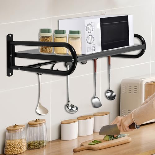 DXBJKSL Wall Shelf Metal Microwave Storage Stand Oven Shelving Rack Kit with Hooks for Toasters, Utensils, Bottles,Dishes, Pots, Pans, Commercial, Household-53 * 38 * 18cm (Black)