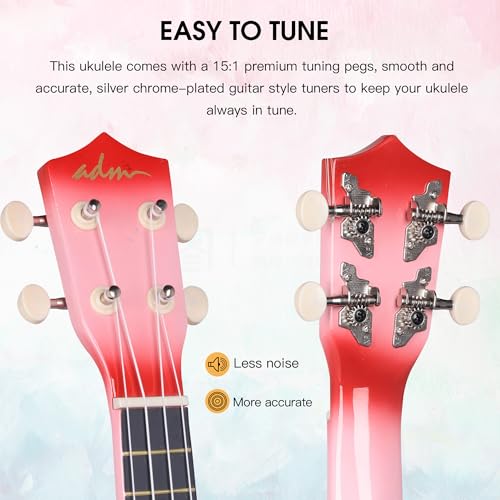 Image of ADM Ukulele for Beginners Hawaiian Wood Ukelele Kit for Kids Adult Student Starter Professional Ukalelee Pack Bundle with Free Lessons Gig Bag Strap Nylon String Tuner (Pinkburst, 21 Inch)
