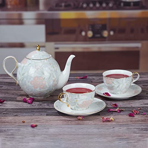 Taimei Teatime Procelain Tea Sets Of 9, Teapot Set(37.2 Oz) With Cup And Saucer Set Of 4 Bundle With Strawberry Hibiscus Herbal Tea Organic Fruit Loose Leaf Tea Bags(20 Pics|80G) #TOP7