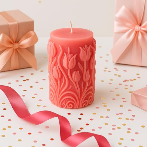 Image of Premium Scented Tulip Carved Candle - Handcrafted Decorative Scented Candle for Home Decor, Gifting & Romantic Ambience, Upto 25 Hours Burn time (Pink, Rose)