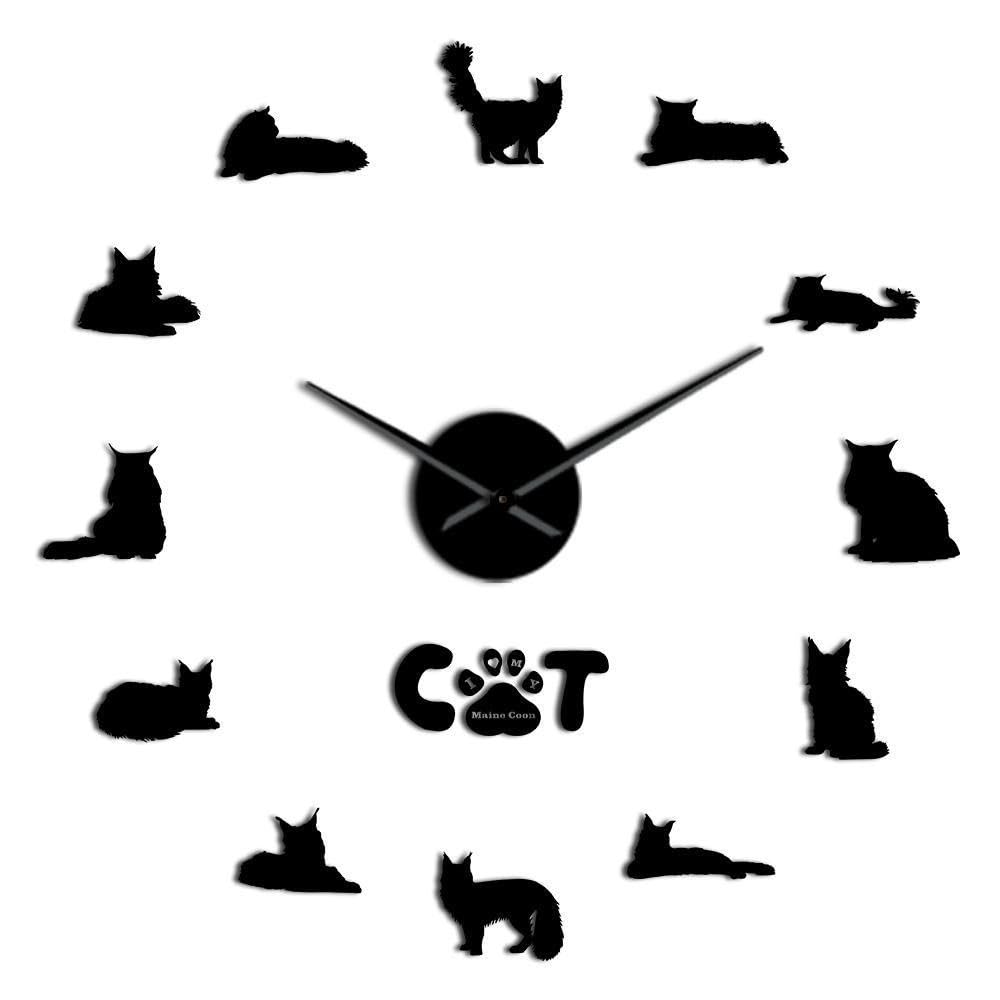 Horloge murale chat Maine Coon acrylique noir 3D sans cadre 47 pouces