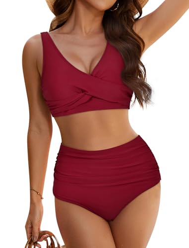 Evolyline Sexy Push Up Bikini Damen Set Mit Cups, High Waist Zweiteile Oberteil Große Brüste Badeanzüge Bauchweg, Triangel Bikini-Sets Sommer Bademode V Ausschnitt Bikinis Swimsuit 2pieces S-XL