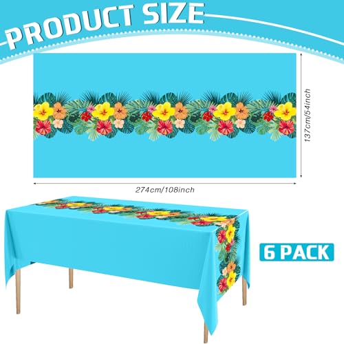 Image of Irenare 6 Sheets Hawaiian Luau Tablecloths for Party Decoration 54 x 108'' Tropical Palm Leaves Table Cloth Hawaii Disposable Rectangular Plastic Table Cover for Summer Beach (Blue)
