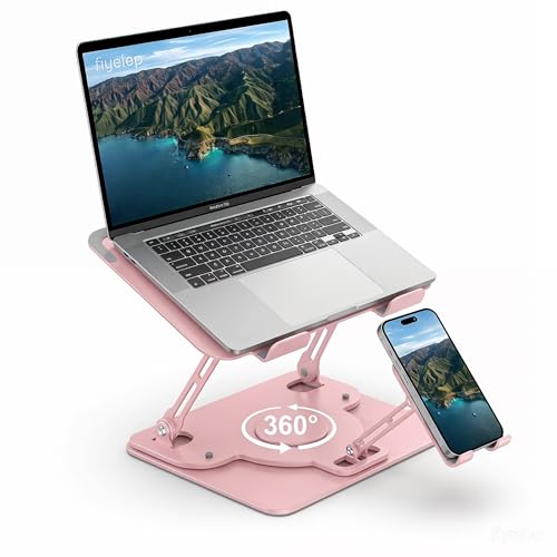 Image of Laptop Stand for Desk,Adjustable Computer Stand with 360 Rotating Base,2-in-1 Laptop Stands with Phone Holder,Ergonomic Laptop Riser for Collaborative Work,fits for All 10-16 inch Laptops (Pink)