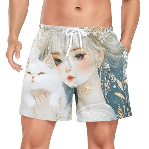 Woman Cat Abstract Leaf Mens Swim Trunks with Liner, Cool Quick Dry Beach Swim Shorts, Swimwear Bathing Suits S