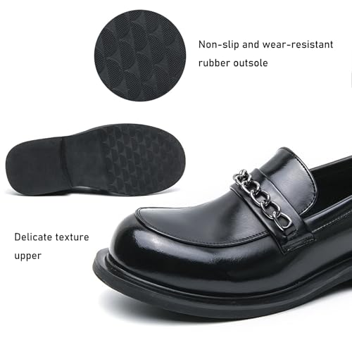 Men's Leather Chunky Platform Loafers Vintage Round Toe Metal Chain Anti-Slip Heel Slip-On Dress Shoes for Business, Party, Evening3
