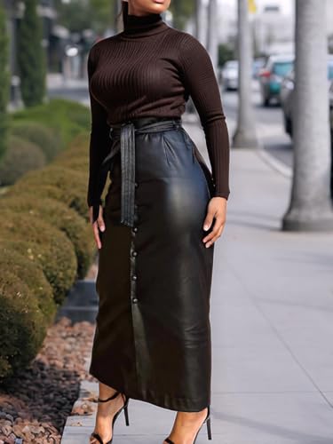 Faux Leather Midi Skirts for Women Stretch High Waist PU Wrap Bodycon Long Skirt with Tie Belt2