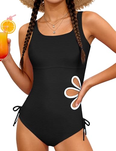 Image of KANGKANG Girls Swimsuit Solid Color Cut Out One Piece Bathing Suit with Chest Pad Adjustable Strap Round Neck Girls' Swimwear