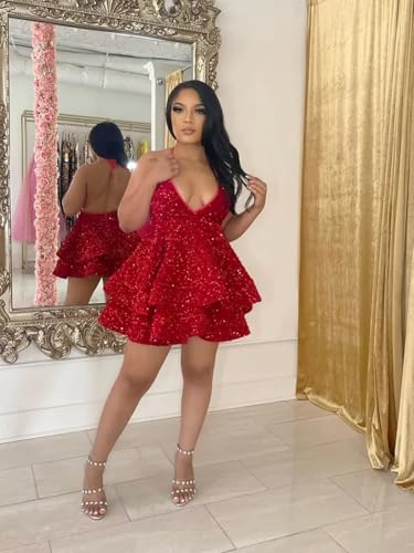 Sparkly Sequin Short Homecoming Dresses for Teens V Neck Tiered Layered Mini Prom Cocktail Party Dress4