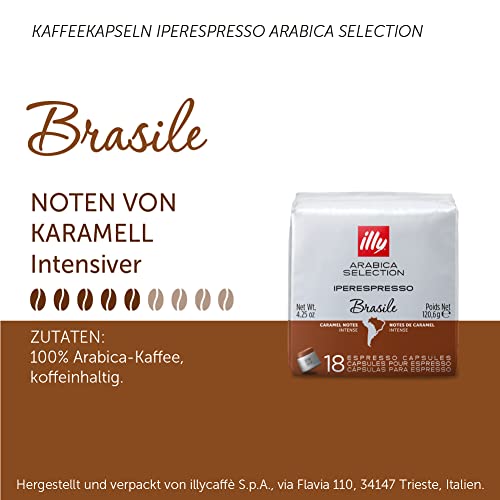 Image of illy Coffee IperEspresso Capsules, Brasile Single Origin Medium Roast Coffee Pods, 100% Arabica, Premium Italian Blend, 18 Count, 6 Pack