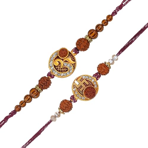 Image of eCraftIndia Om Swastika Rudraksha Rakhi Set of 2 | Rakhi for Brother Bhaiya Bhai with Best Bro Ever Fridge Magnet | Roli Chawal Pack